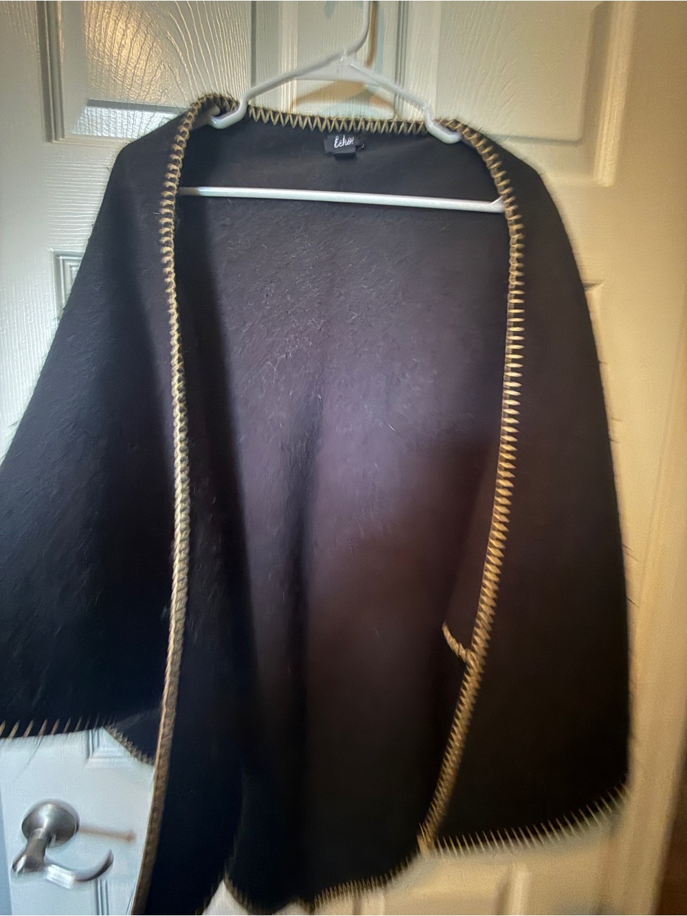 Echo Black Open Front Wool-Blend Wrap with Contrast Stitching
